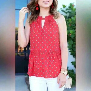 LOFT Women's Size S Red Floral Peplum Halter Blouse Casual Spring